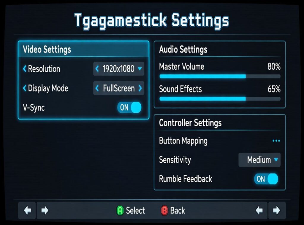 Tgagamestick settings screen